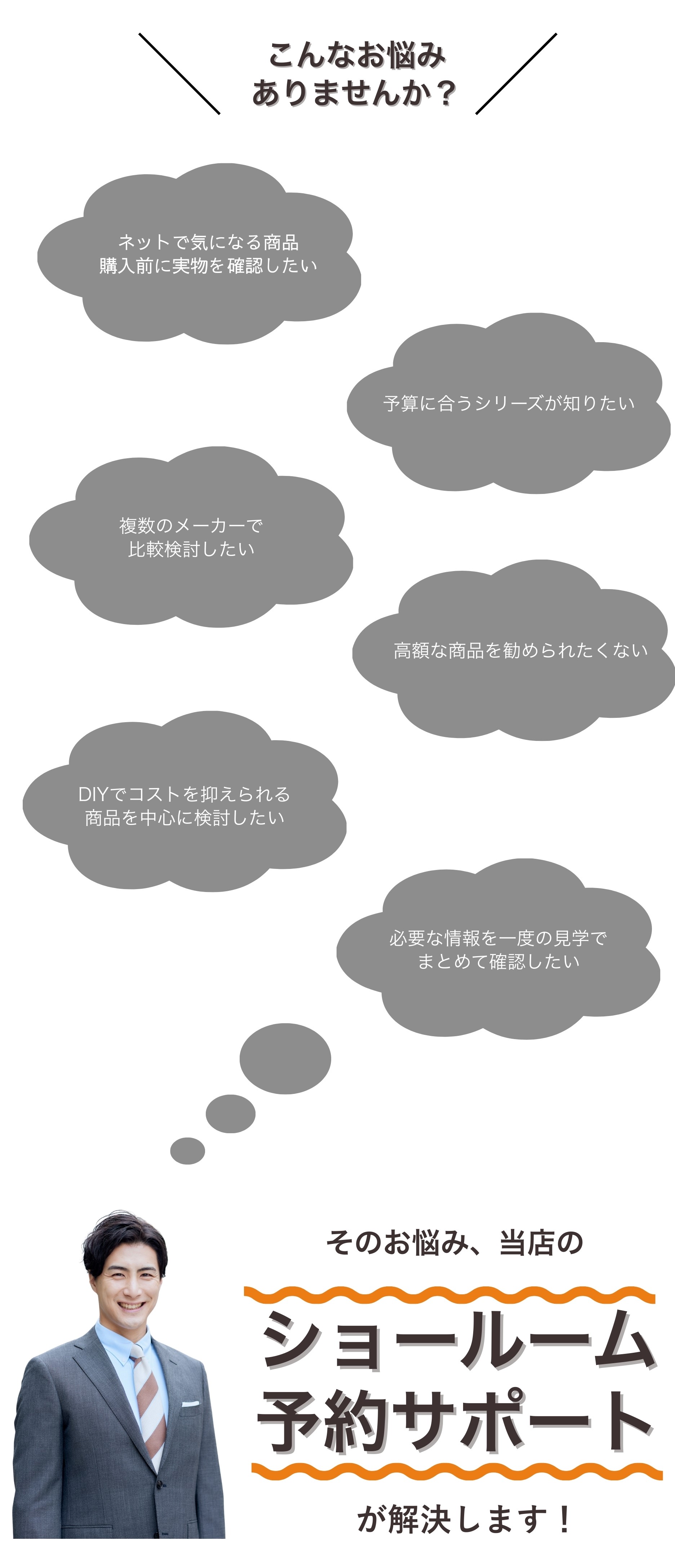 ネットで気になる商品、購入前に実物を確認したい。予算に合うシリーズが知りたい。複数のメーカーで比較検討したい。高額な商品を勧められたくない。必要な情報を一度の見学でまとめて確認したい。リフォームおたすけDIYのショールーム予約サポートが解決します