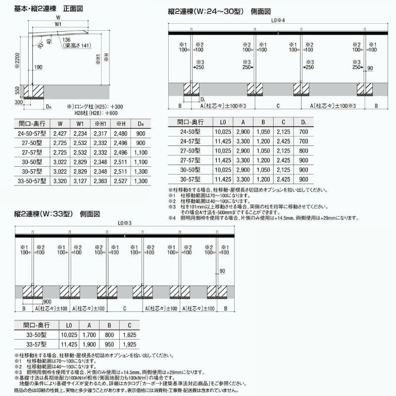 カーポート 2台駐車場 リクシル カーポートSC 1台用(縦2連棟) 27-50型