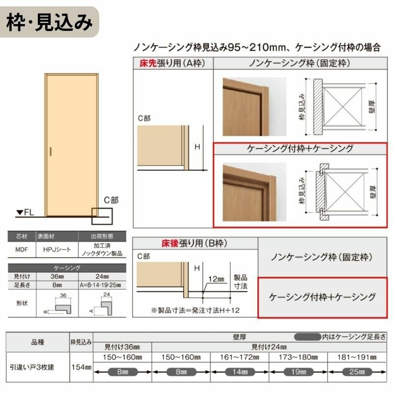 オーダーサイズ リクシル ラシッサＳ 室内引戸 Vレール方式 引違い戸3枚建 ASHT-LGK ケーシング付枠 W1748～2954㎜×Ｈ1728～2425㎜ 4枚目