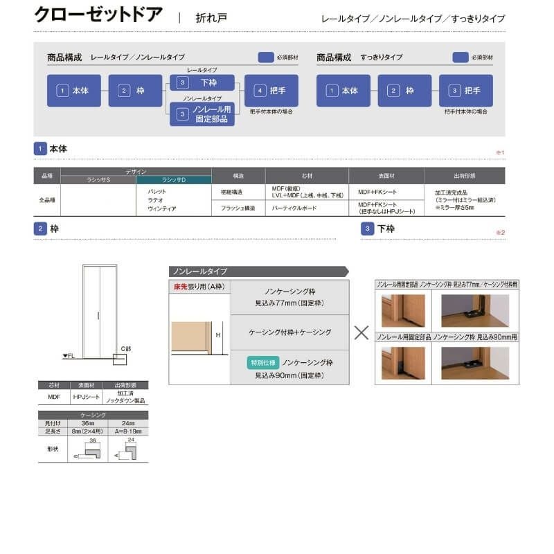 【オーダーサイズ 】リクシル ラシッサS クローゼットドア 2枚折れ戸 ノンレール ASCN-LAE ケーシング付枠 W542～942mm×H1545～2425mm ミラー無 3枚目