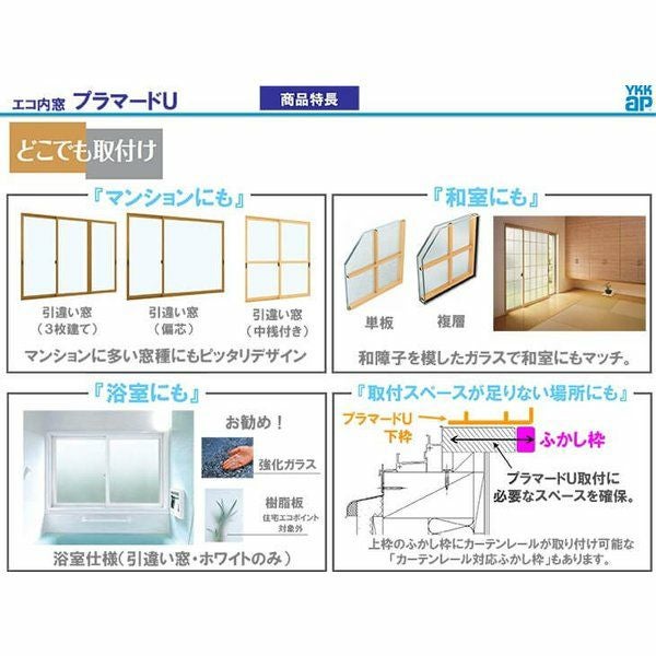 二重窓 内窓 YKKap プラマードU 内開き窓 単板ガラス 透明3mm/型4mm 