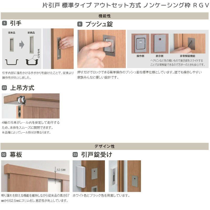 室内引戸 片引戸 標準タイプ アウトセット方式 ノンケーシング枠 ラフィス RGV アクリル系パネル 1320/1520/1620/1820 リクシル LIXIL Raffis 建具 リフォーム 8枚目