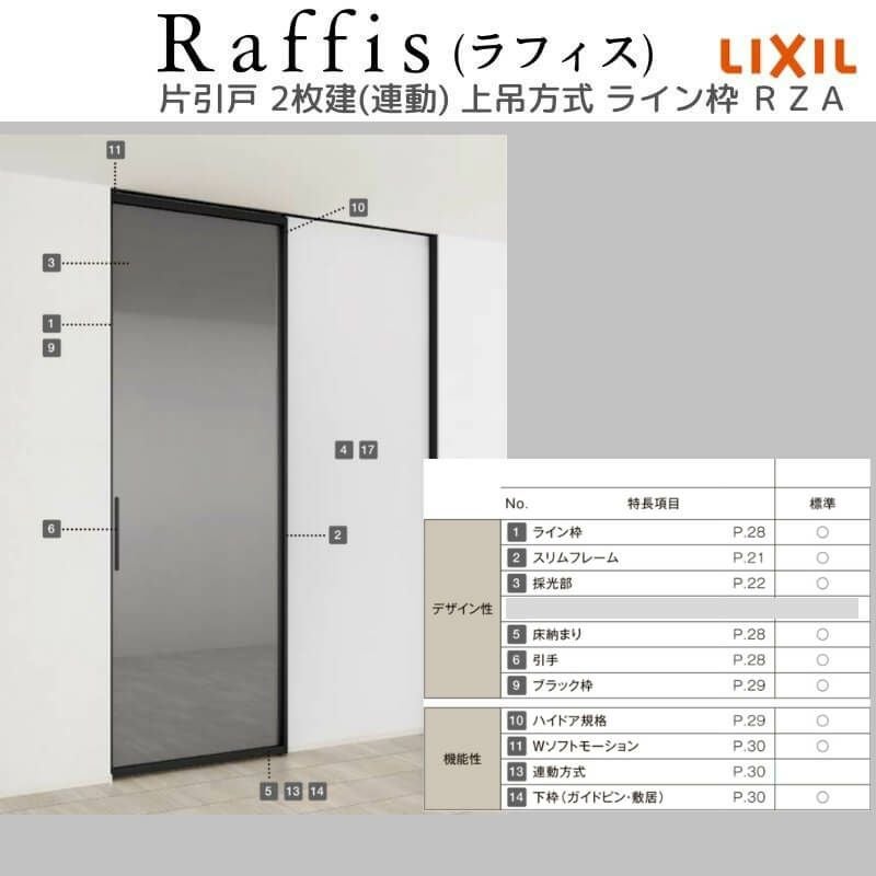 室内引戸 片引戸 2枚建(連動) 上吊方式 ライン枠 RZA ラフィス アルミ