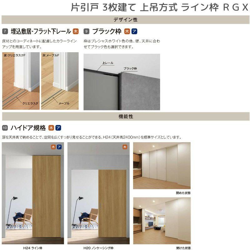 室内引戸 片引戸 3枚建 上吊方式 ライン枠 RGX ラフィス アクリル系