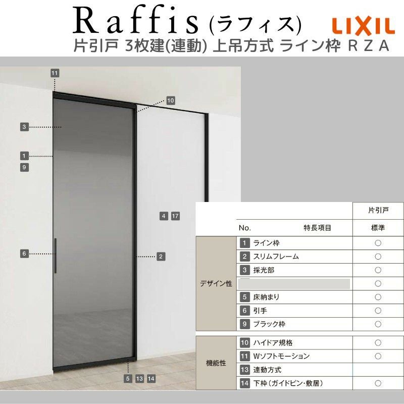 室内引戸 片引戸 3枚建(連動) 上吊方式 ライン枠 RZA ラフィス アルミ