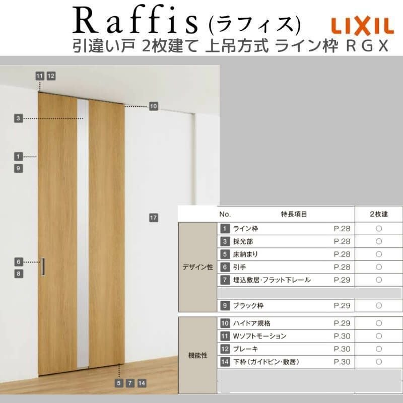 室内引戸 引違い戸2枚建 上吊方式 ライン枠 RGX ラフィス アクリル系