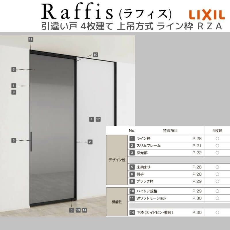 室内引戸 引違い戸4枚建 上吊方式 ライン枠 ラフィス RZA アルミガラス 3224 リクシル LIXIL Raffis 建具 交換 リフォーム DIY 6枚目