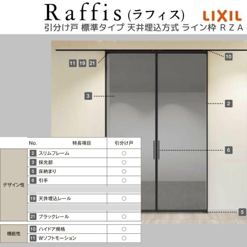 室内引戸 引分け戸 天井埋込方式 ライン枠 RZA ラフィス アルミガラス