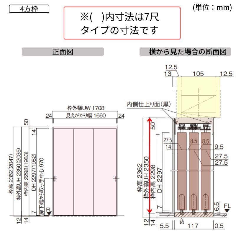 パナソニック ベリティス クローゼットドア 3枚連動引き戸 UW1708