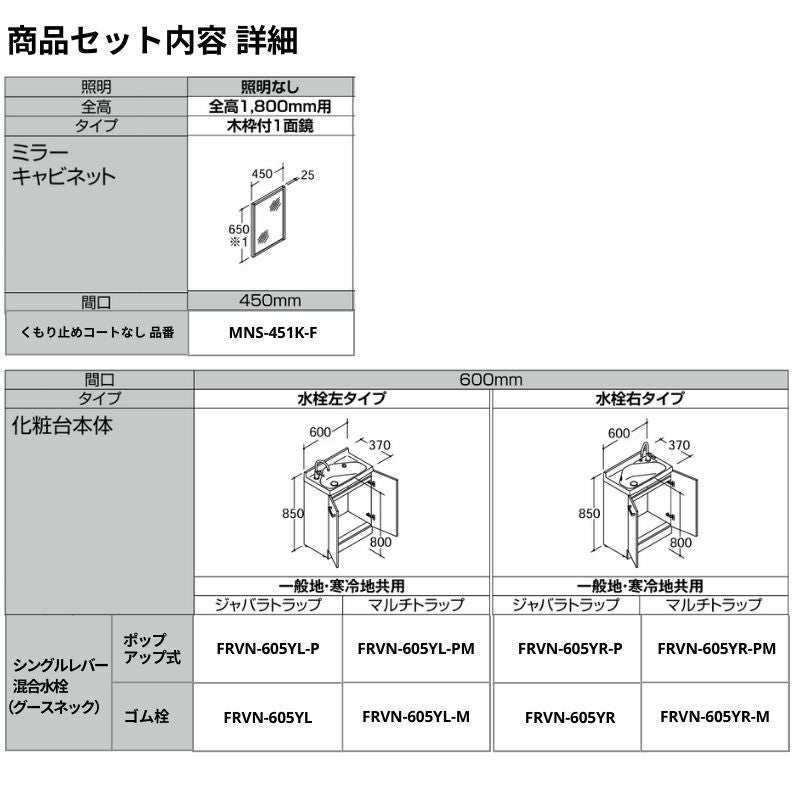リクシル 洗面化粧台 リフラ 間口W600mm FRVN-605YR/○HY(側板)+MNS