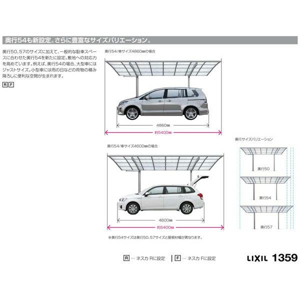 カーポート 1台+二輪車用 リクシル ネスカF 1台用 延長 30-57型・14型