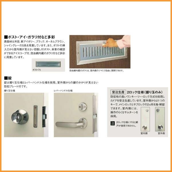 玄関ドア 勝手口ドア 汎用ドア LIXIL ロンカラーフラッシュドア半外付ランマ無 ポスト・アイ付 握り玉仕様 0818 枠寸法W803×H1820【リクシル】【トステム】【TOSTEM】 5枚目